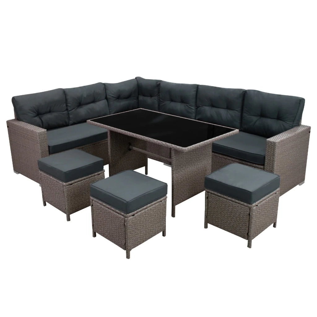 Set d'angolo in rattan Mobili da giardino Grigio Divano Sgabelli Tavolo Cuscini impermeabili 9 Posti