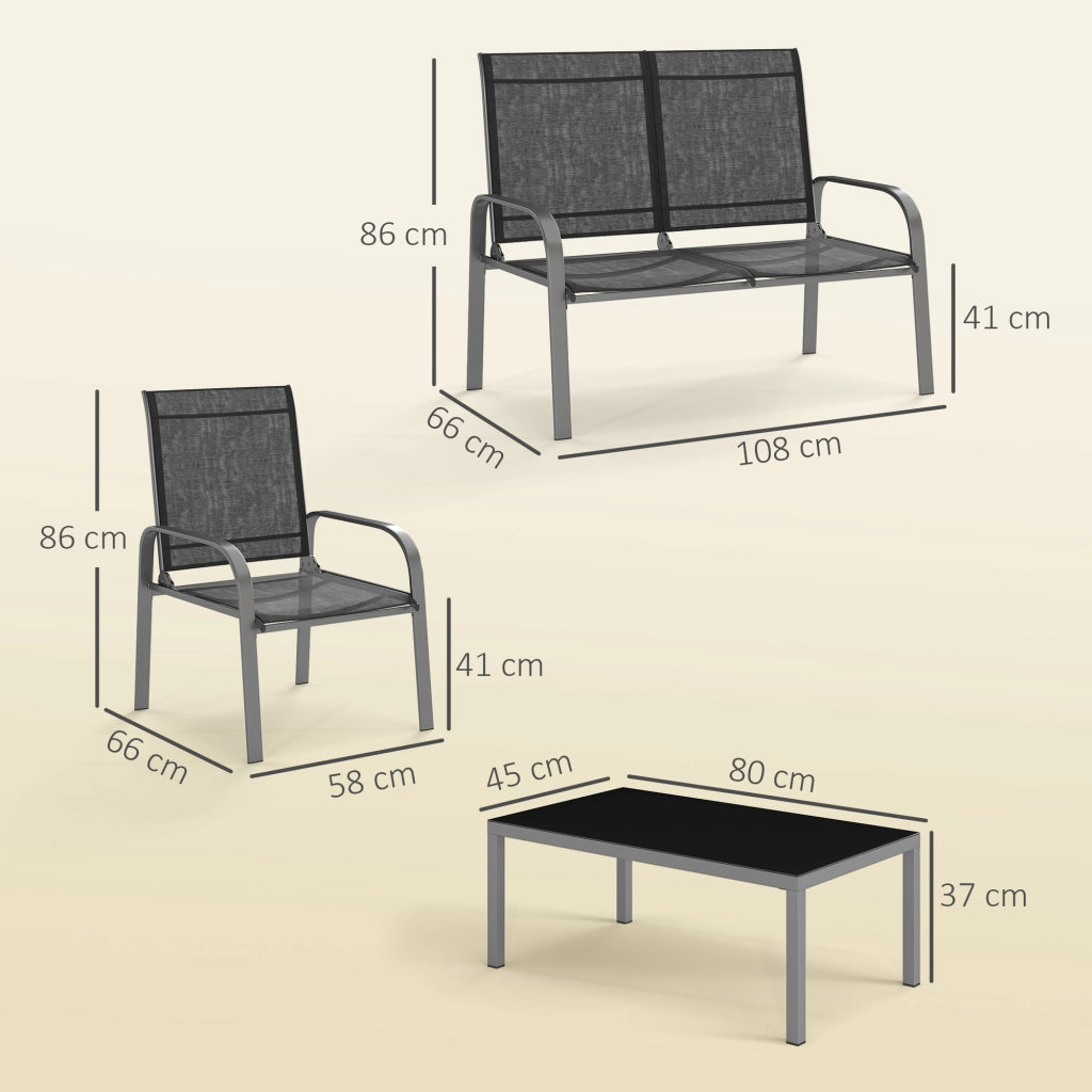 Set da Giardino 4 Pezzi con Divano 2 Sedie e Tavolino Basso con Piano in Vetro Rivestimento in Textilene Nero