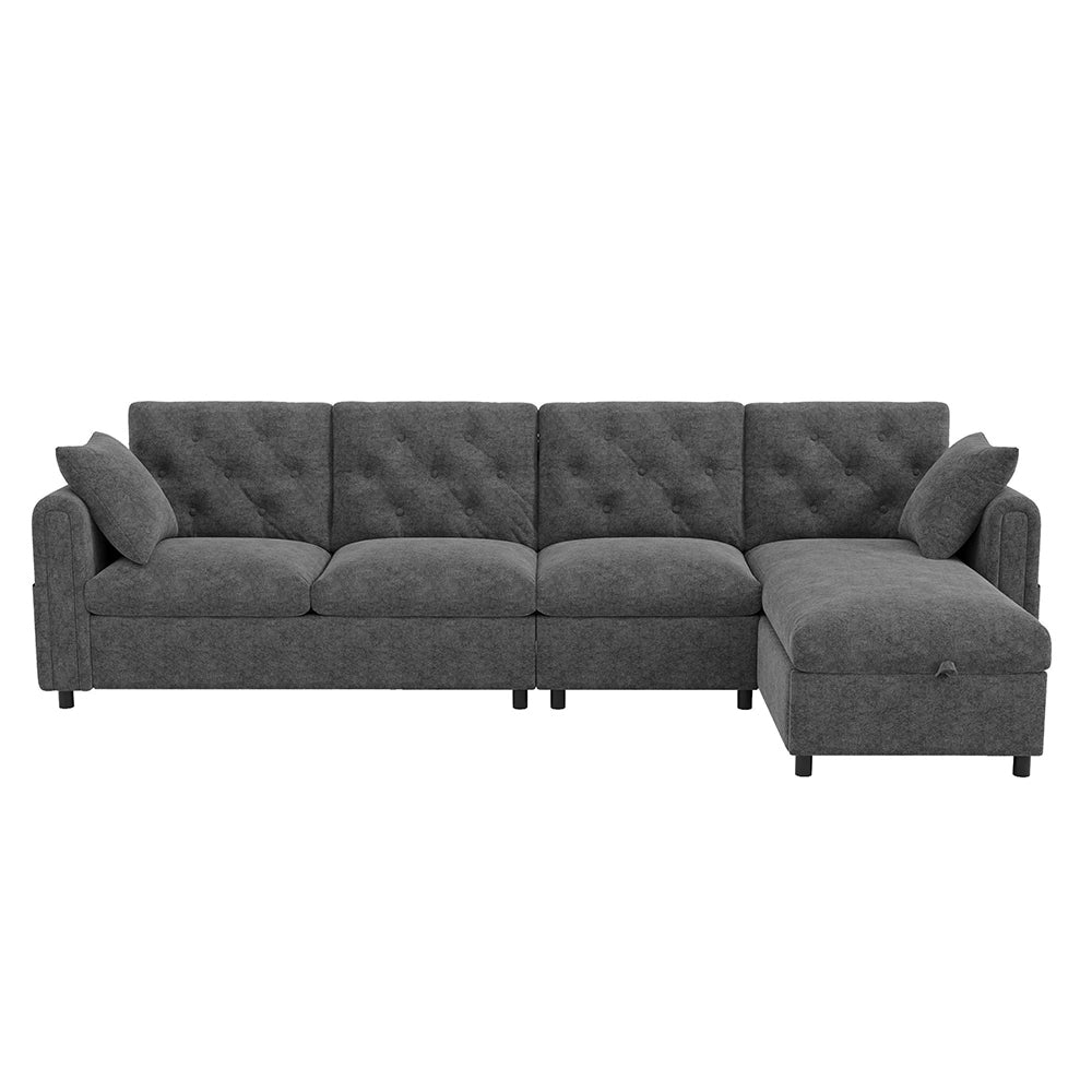 Divano moderno in velluto - Xylo - Angolare con ripostiglio, grigio (281cm)