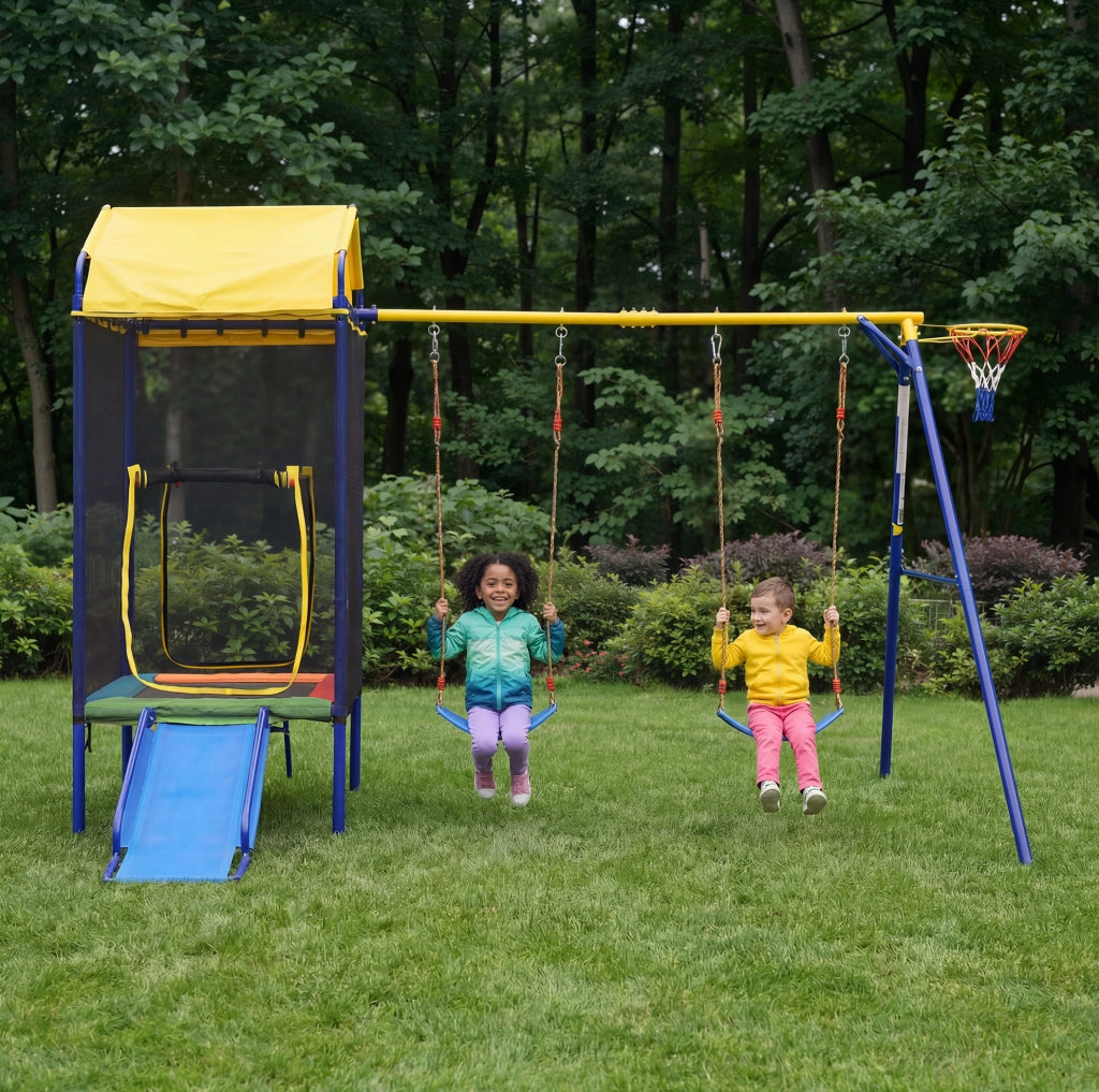 Set gioco da esterno 4 in 1 con trampolino; doppia altalena; scivolo e canestro in ferro