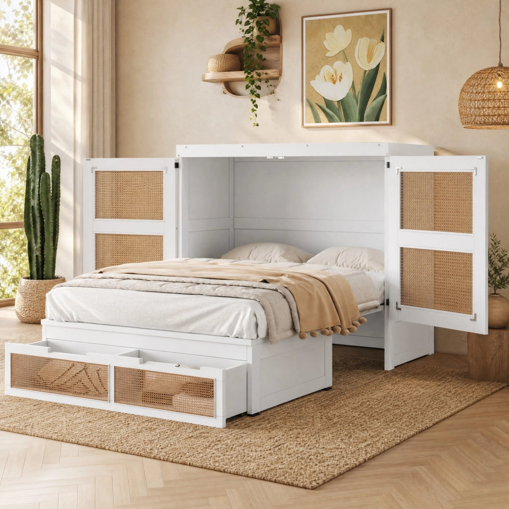 LETTO a scomparsa verticale 140x200 cm in legno bianco design rattan