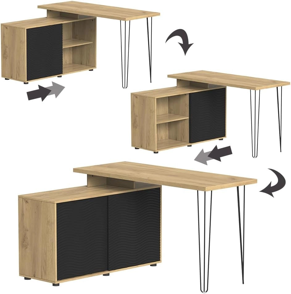 Scrivania angolare Notivo, Nero, 135 x 55 cm con schedario, adatto per ufficio domestico e studio
