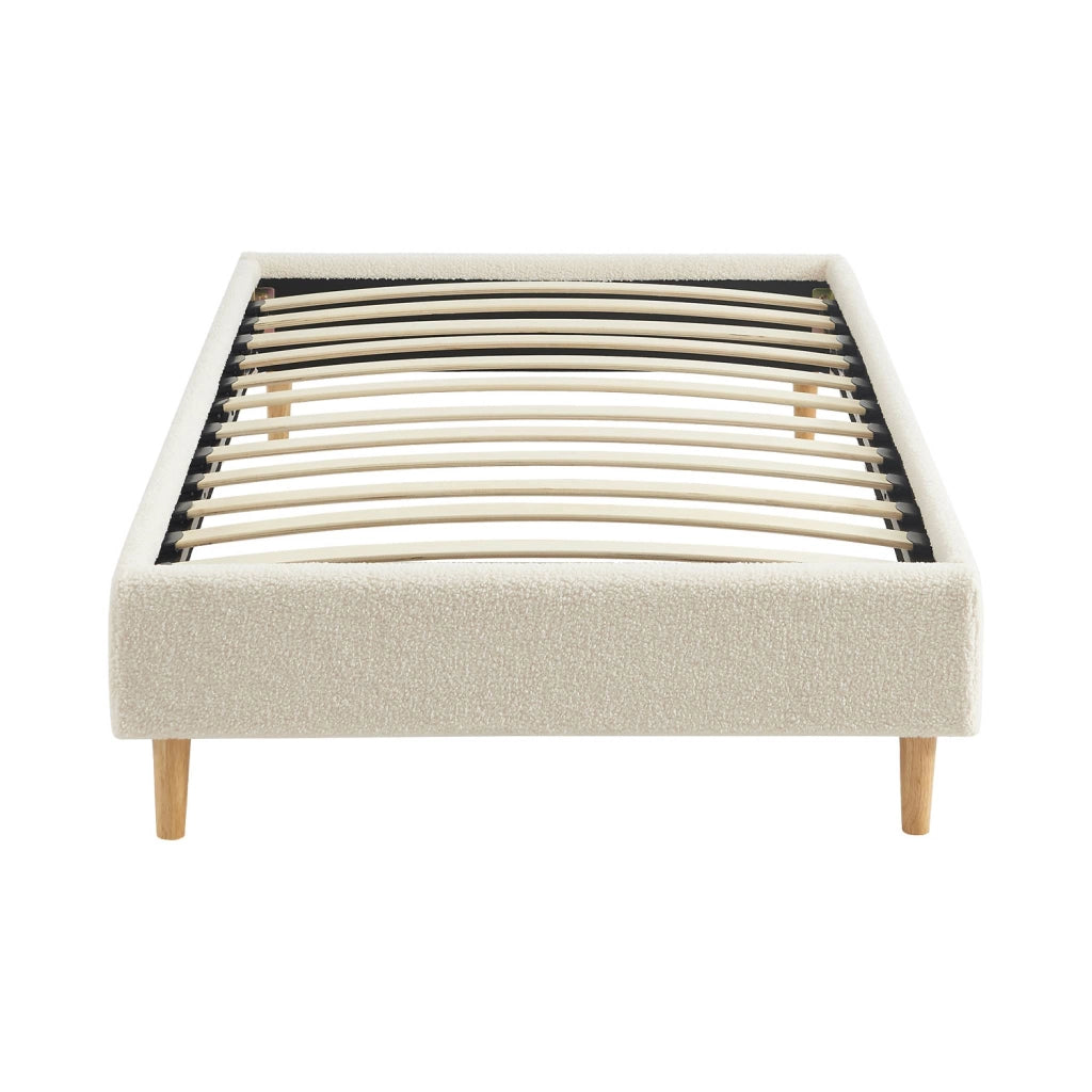 Struttura letto con rete a doghe, finitura bouclé, bianco, bianco