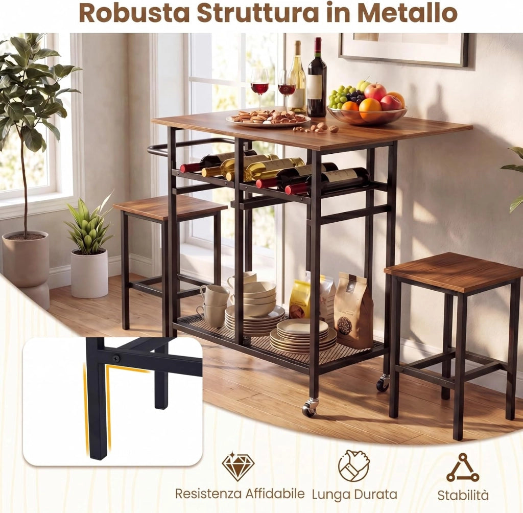 Set Tavolo da Pranzo Pieghevole 3 Pezzi, Tavolo Salvaspazio Estendibile con 2 Sgabelli con Ruote, Portabottiglie da 6 Posti, Ripiani e Maniglia Laterale per Cucina (Marrone,Modello 2)