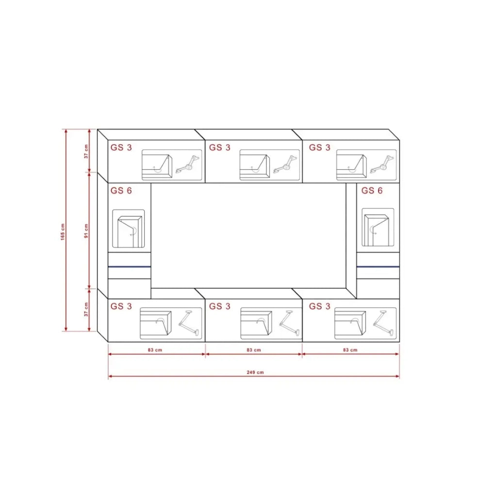 Set di mobili da salotto nero, sospesi collezione CEPTO XXIX. 249cm, 8 pezzi, con LED, modulari.