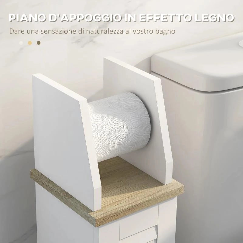 MOBILE BAGNO PORTA CARTA IGIENICA SALVASPAZIO CON ARMADIETTO E MENSOLA REGOLABILE, 18X20X80 CM, BIANCO