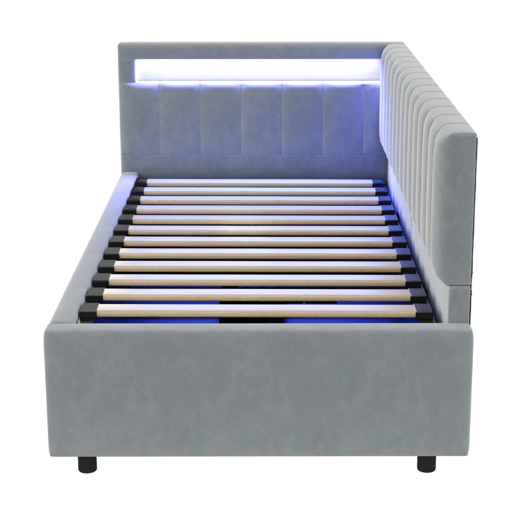 Divano letto 90x200 cm con LED e vano contenitore idraulico; in velluto grigio (Senza materasso)