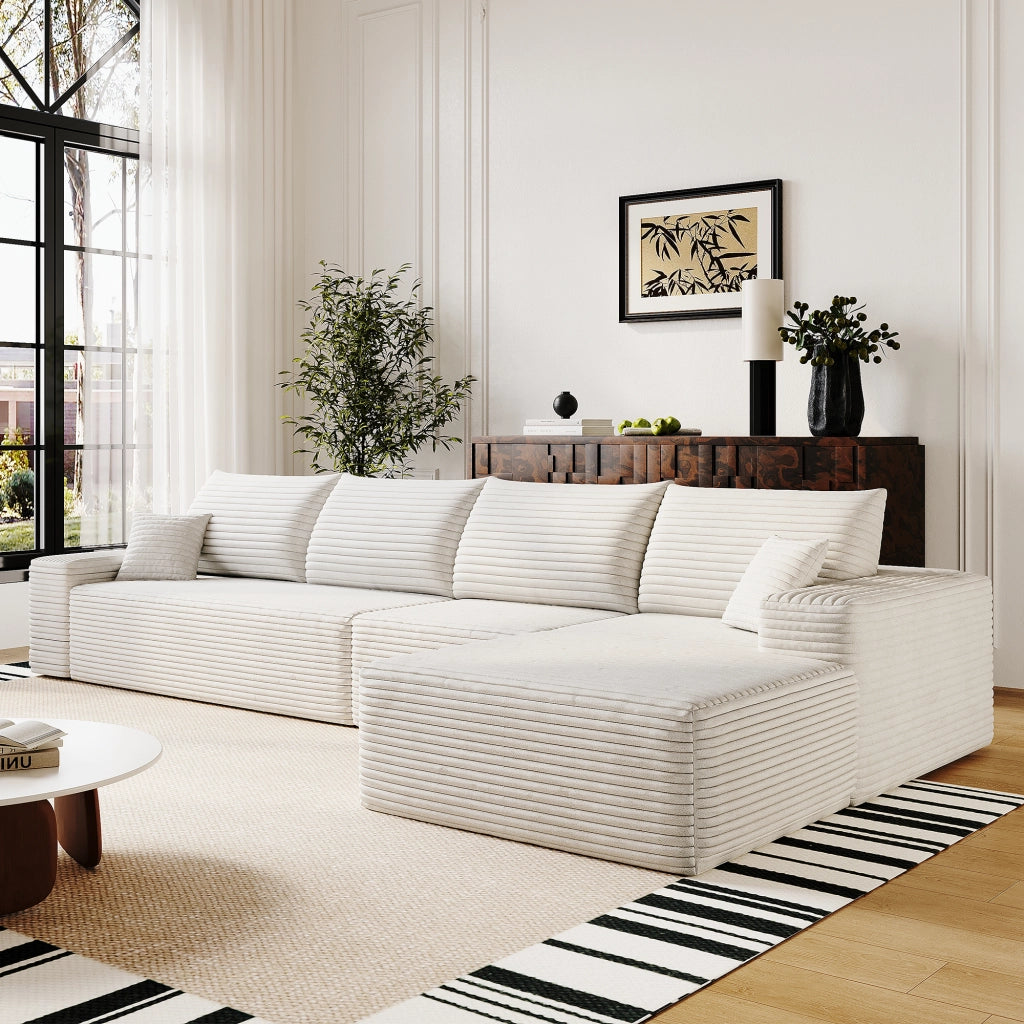 Divano angolare modulare in tessuto con schiuma ad alta elasticità e chaise longue a L bianco per soggiorno