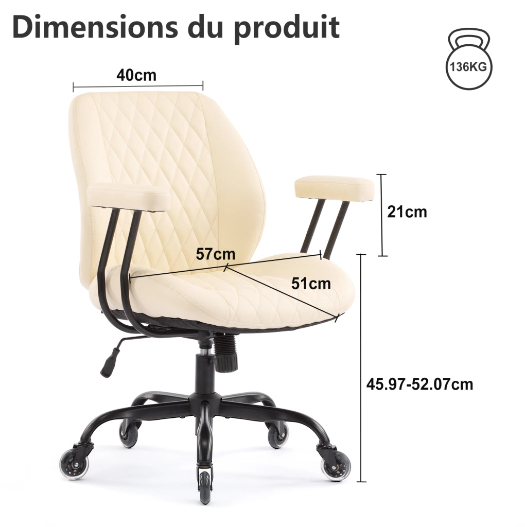 Sedia ufficio ergonomica in pelle bianca; seduta 22 pollici; con ruote e braccioli removibili