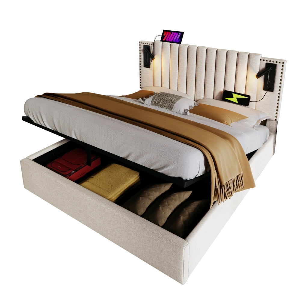 Letto imbottito 160x200 con contenitore - Zephmum- Tessuto in cotone beige, luce LED USB, testiera con borchie
