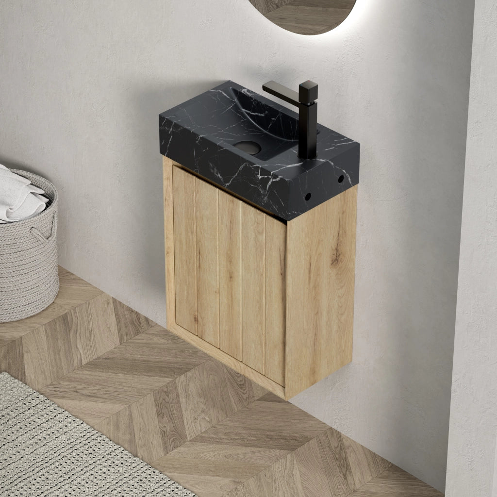 LAVABO bagno integrato in marmo nero e rovere bianco, compatto