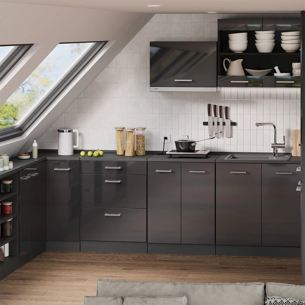 Mobile cucina sottotetto R-Line Antracite lucido/Antracite 80 cm senza inclinazione con 2 ante Vicco
