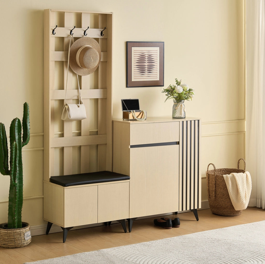 Set guardaroba con panca e credenza in MDF naturale