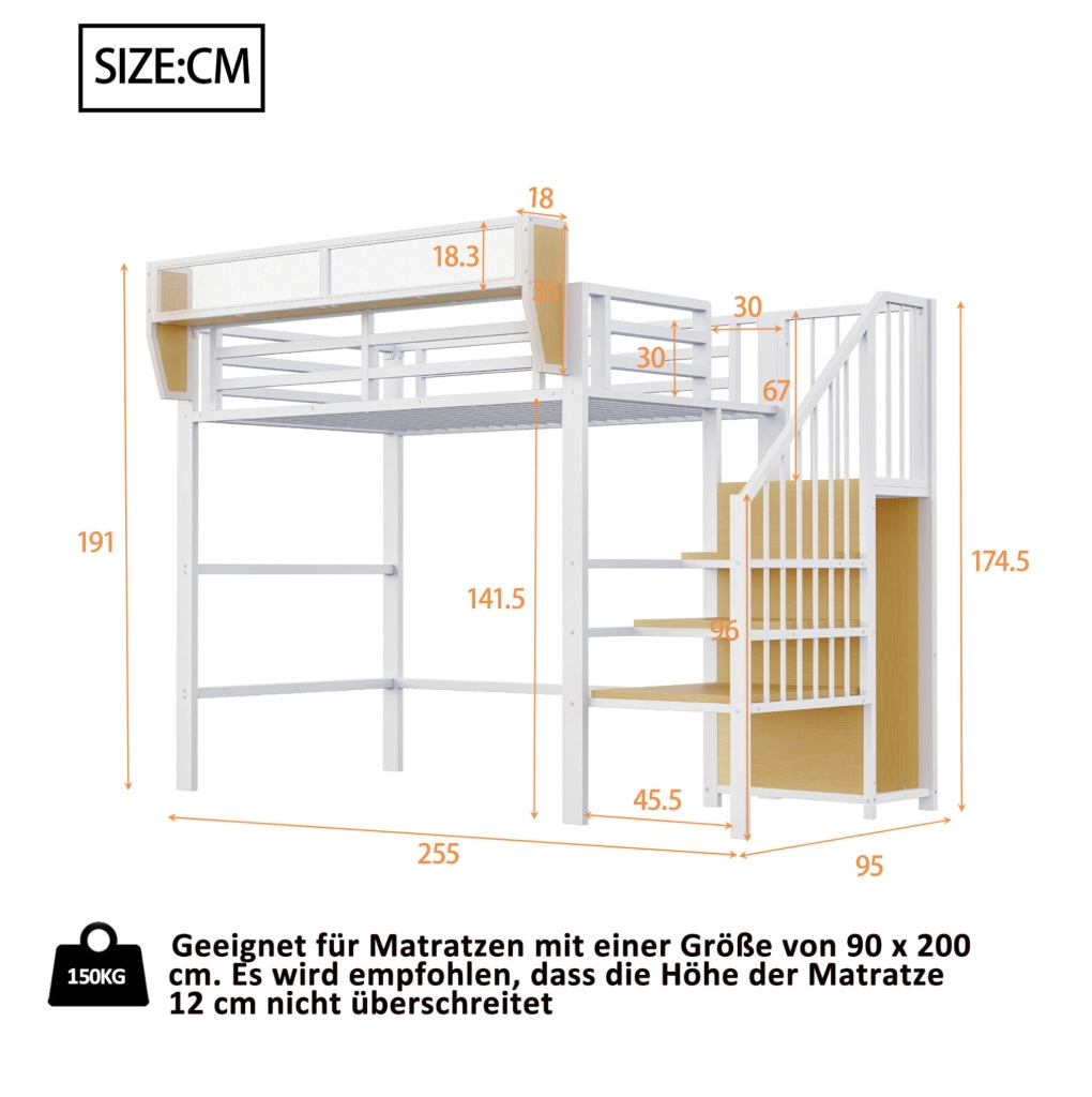 Letto a soppalco 90x200 cm in metallo e MDF con scala di sicurezza; bianco
