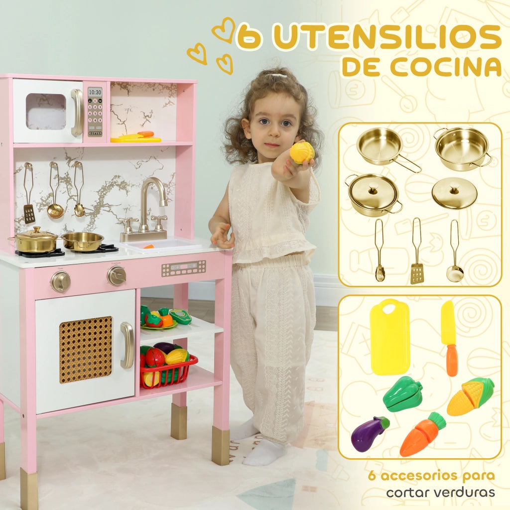 Cucina Giocattolo in Legno con Accessori e Suono ¨C Zephmum ¨C Rosa, Acciaio Inox