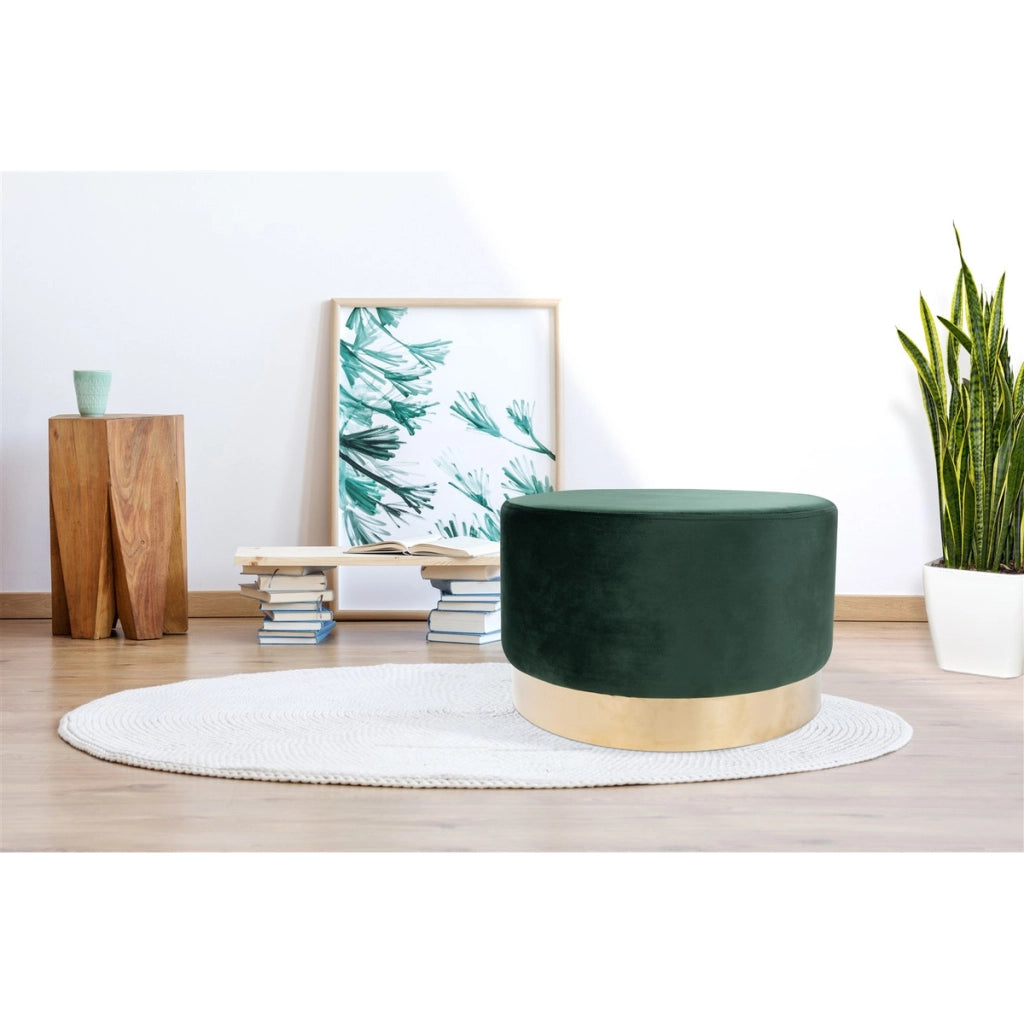 Pouf tondo Nano in velluto verde bosco con base dorata