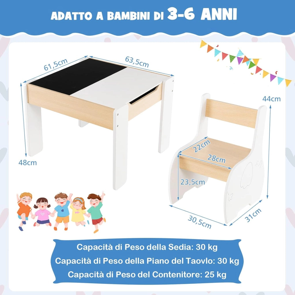 3 in 1 Set Tavolo e Sedie per Bambini, Tavolo da Attività per Bambini con 2 Sedie, Lavagna Rimovibile e Deposito, per Giocare, Disegnare e Leggere, in Legno (bianco)