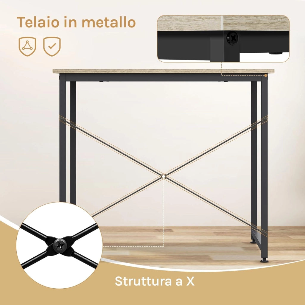 Scrivania Salvaspazio, Tavolo per Computer, Rovere Chiaro + Bianco per Studio, Home Office, Camera da Letto, in Legno e Metallo, 80x60x70 cm