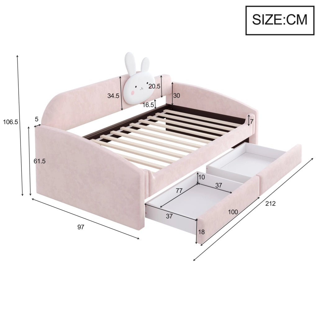 DESMIU Letto per bambini 90 × 200 cm con 2 cassetti, LED e cuscino coniglio, senza materasso, in velluto, rosa