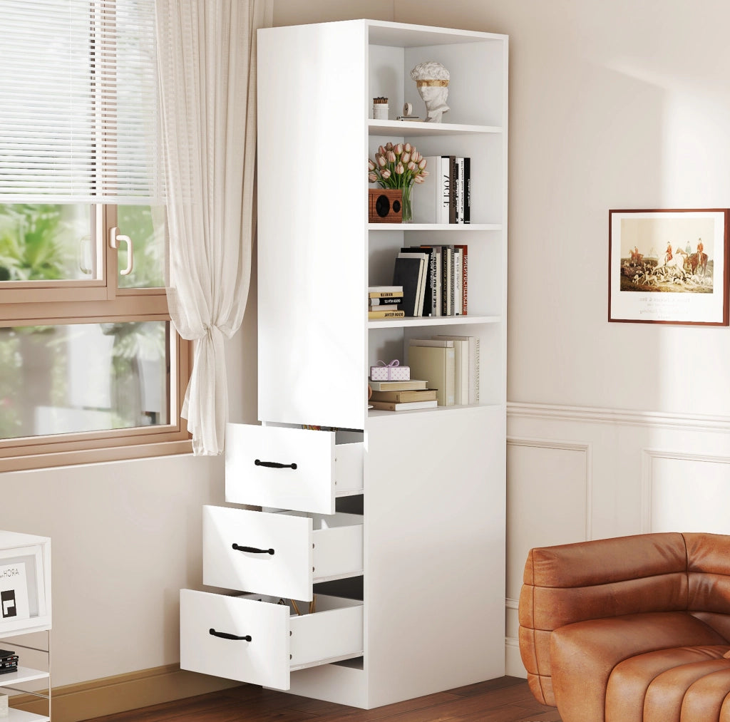 Libreria stretta 180 cm con 3 cassetti laterali e ripiani regolabili bianca