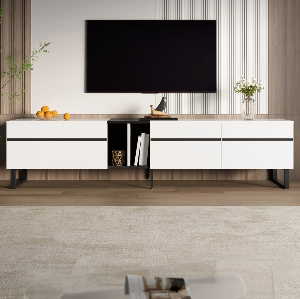 Mobile TV 180x38x45 cm con vano a ribalta; vano aperto e 2 ante in truciolare bianco