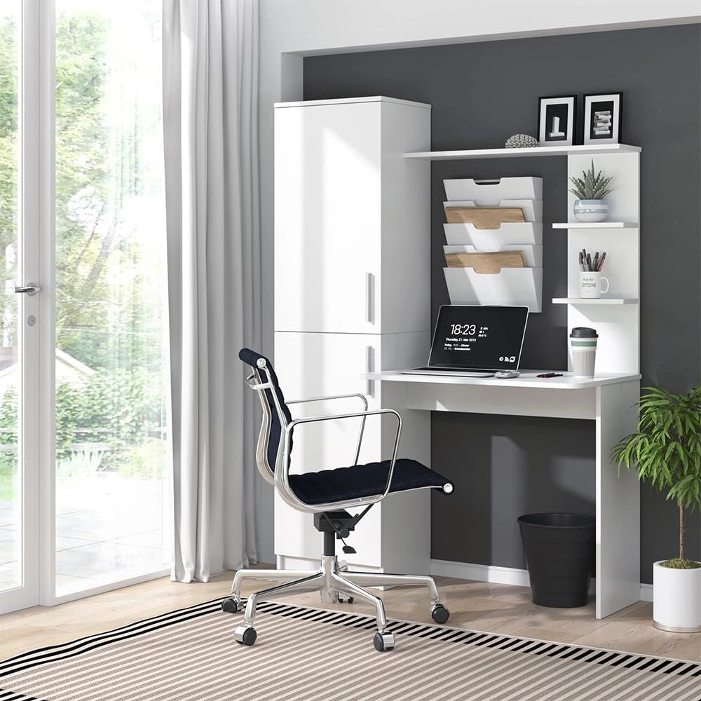 Scrivania con ripiani Tessa, Bianco, 122.9 x 52 cm, con ripiano per spazio di appoggio aggiuntivo