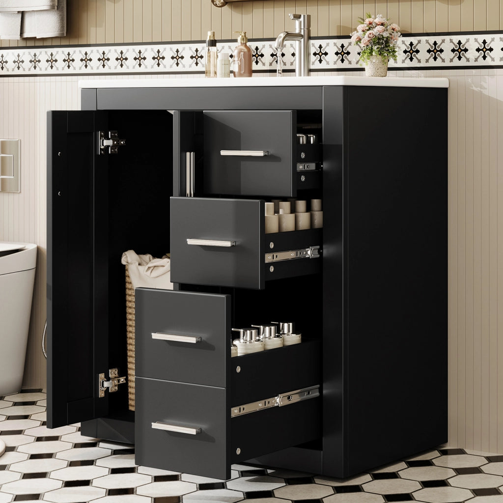 Mobile sottolavabo con lavabo in ceramica 2 ante e 3 cassetti per bagno in MDF e ceramica nero 76 × 46,5 × 85,5 cm