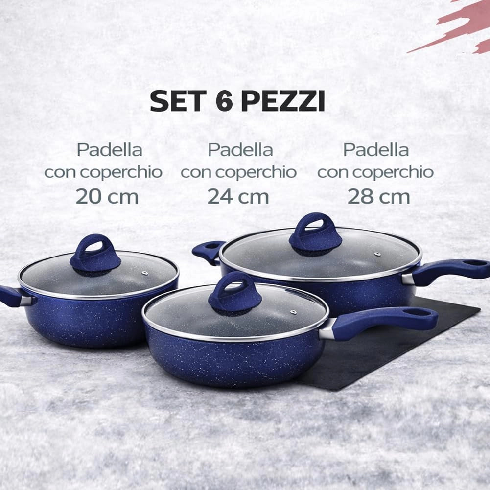Set 6 Pezzi Padelle in Alluminio Blu con Coperchio per Tutti i Piani Cottura
