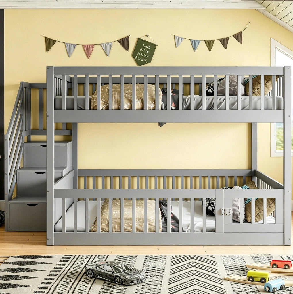 Letto a castello 140x200 cm con scala contenitore e letto inferiore apribile in legno grigio