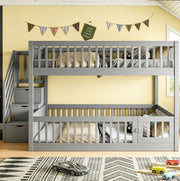 Letto a castello 140x200 cm con scala contenitore e letto inferiore apribile in legno grigio