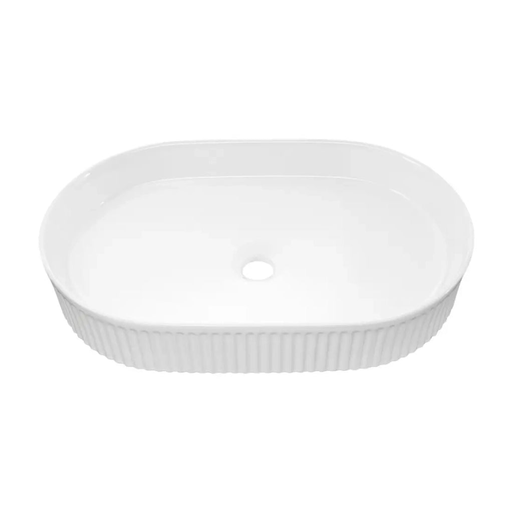 Lavabo ovale da appoggio 56x36 cm bianco lucido in ceramica con piletta click-clack
