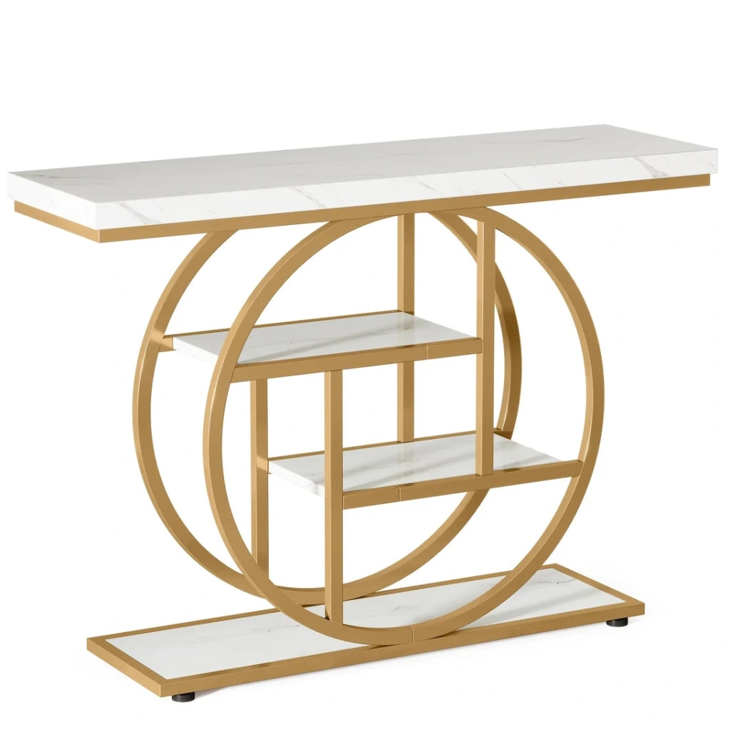 Console 105x30x80 cm bianca e dorata, 4 livelli, struttura in metallo e legno