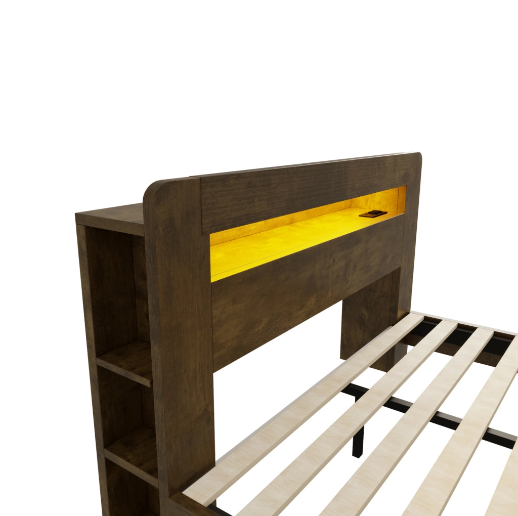 Letto 140x200 cm con testiera portaoggetti; LED e prese integrate in legno