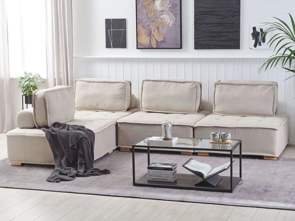 Divano ad Angolo Beige Tessuto Poliestere 300 x 200 cm Imbottito 4 Posti Modulare a Forma di L Scandinavo Moderno