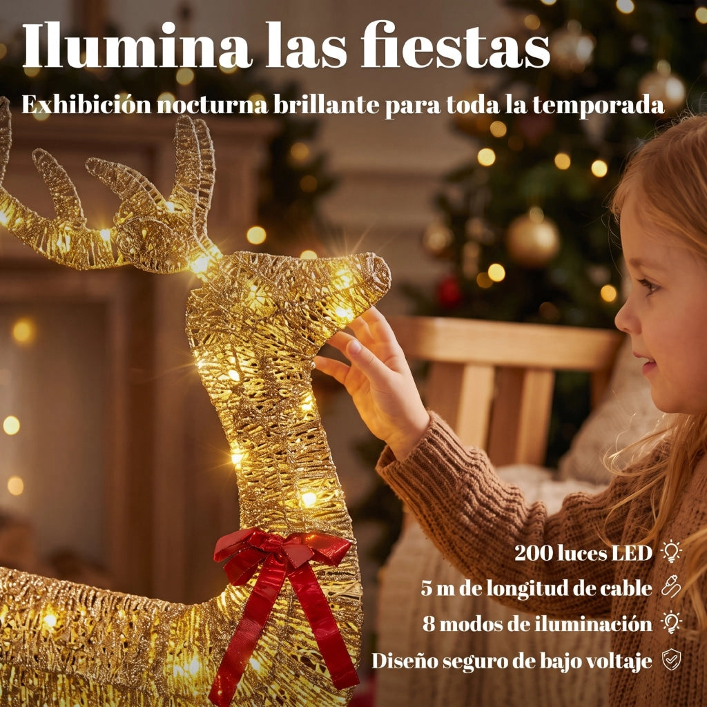 Set natalizio da esterno composto da 3 renne con slitta 3D, 200 luci LED bianco caldo, 8 modalità e timer.