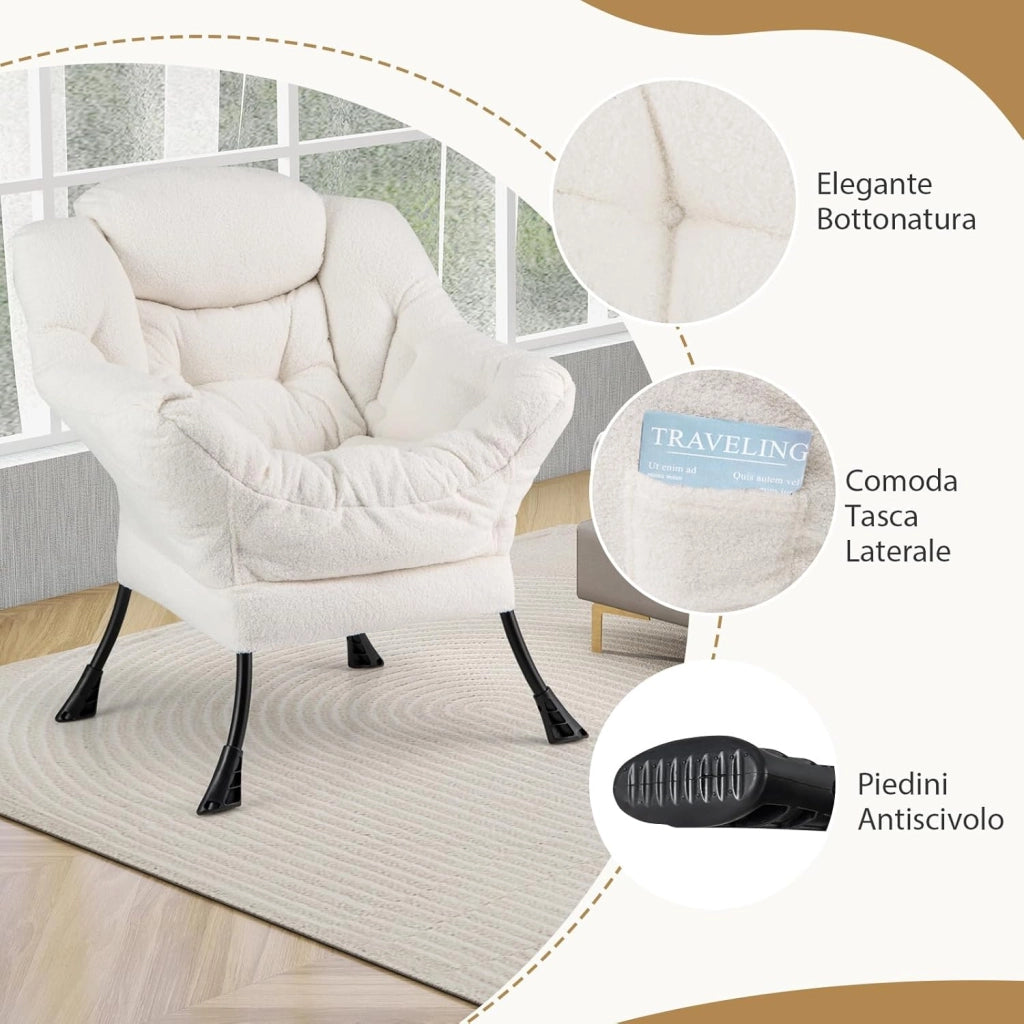 Poltrona Relax con Poggiapiedi, Poltrona da Lettura con Cuscino per Testa, Poltrona Moderna con Schienale e Seduta Imbottiti, Braccioli e Tasca di Stoccaggio, Portata 150 kg (Cashmere Beige)