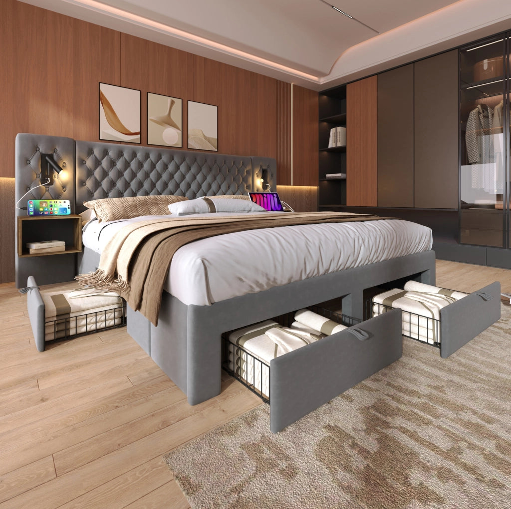 Letto matrimoniale 160x200 cm in velluto grigio con 4 cassetti; 2 comodini; luci lettura e USB