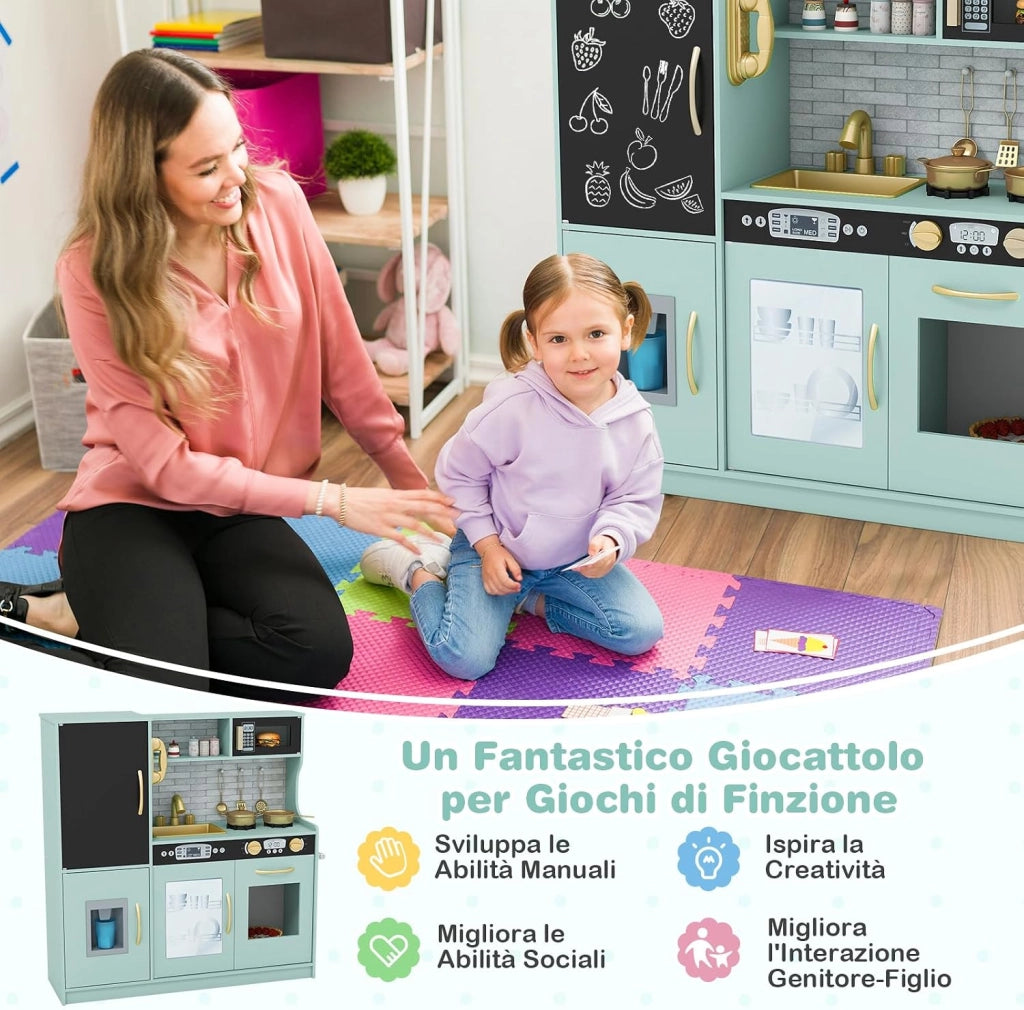 Set da Cucina per Bambini con Lavagna, Telefono, Microonde, Fabbricatore di Ghiaccio, Giocattolo da Cucina in Legno con Accessori e Suoni Simulati per Ragazzi di 3-6 Anni (Verde Menta)