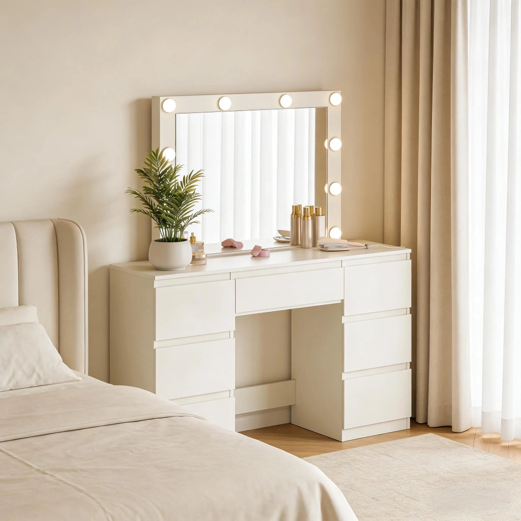 Toeletta con specchio LED; 7 cassetti e prese integrate per camera da letto