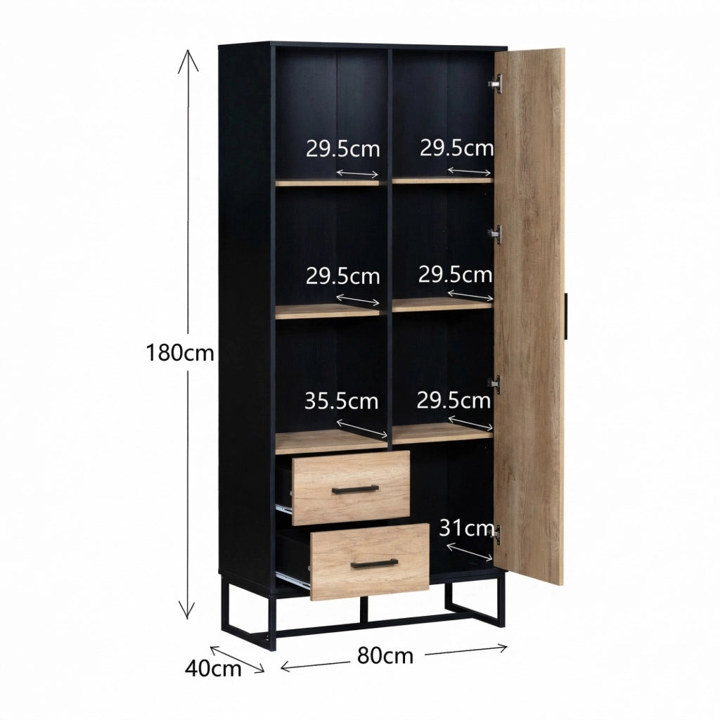Credenza alta con 1 anta; 2 cassetti e 3 vani aperti per soggiorno; ufficio e ingresso; in MDF; nero e legno; 80 × 40 × 180 cm