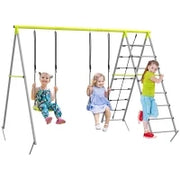 Altalena da Giardino per Bambini 4 in 1 con 2 Seggiolini, Altalena, Scala e Rete per l'Arrampicata, Verde