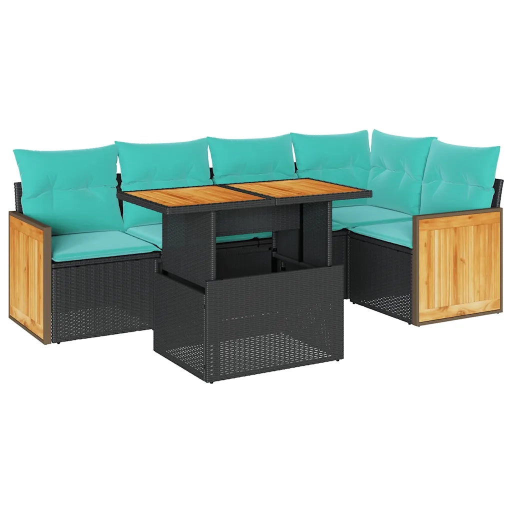 Set Divano da Giardino 6 pz con Cuscini Nero Polyrattan Acacia