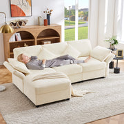 Divano angolare a L trasformabile in 3 posti - Zephmum - Con pouf, 4 cuscini e braccioli regolabili in tessuto chenille beige