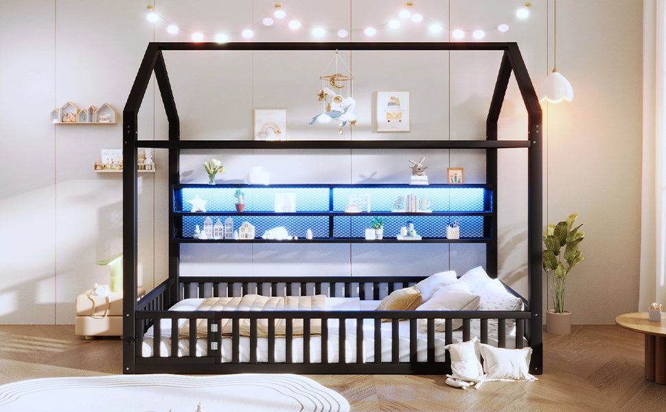DESMIU Letto a Casetta per Bambini 1 Posto con Sponda e LED 90 × 200 cm, senza materasso, in Metallo, Nero