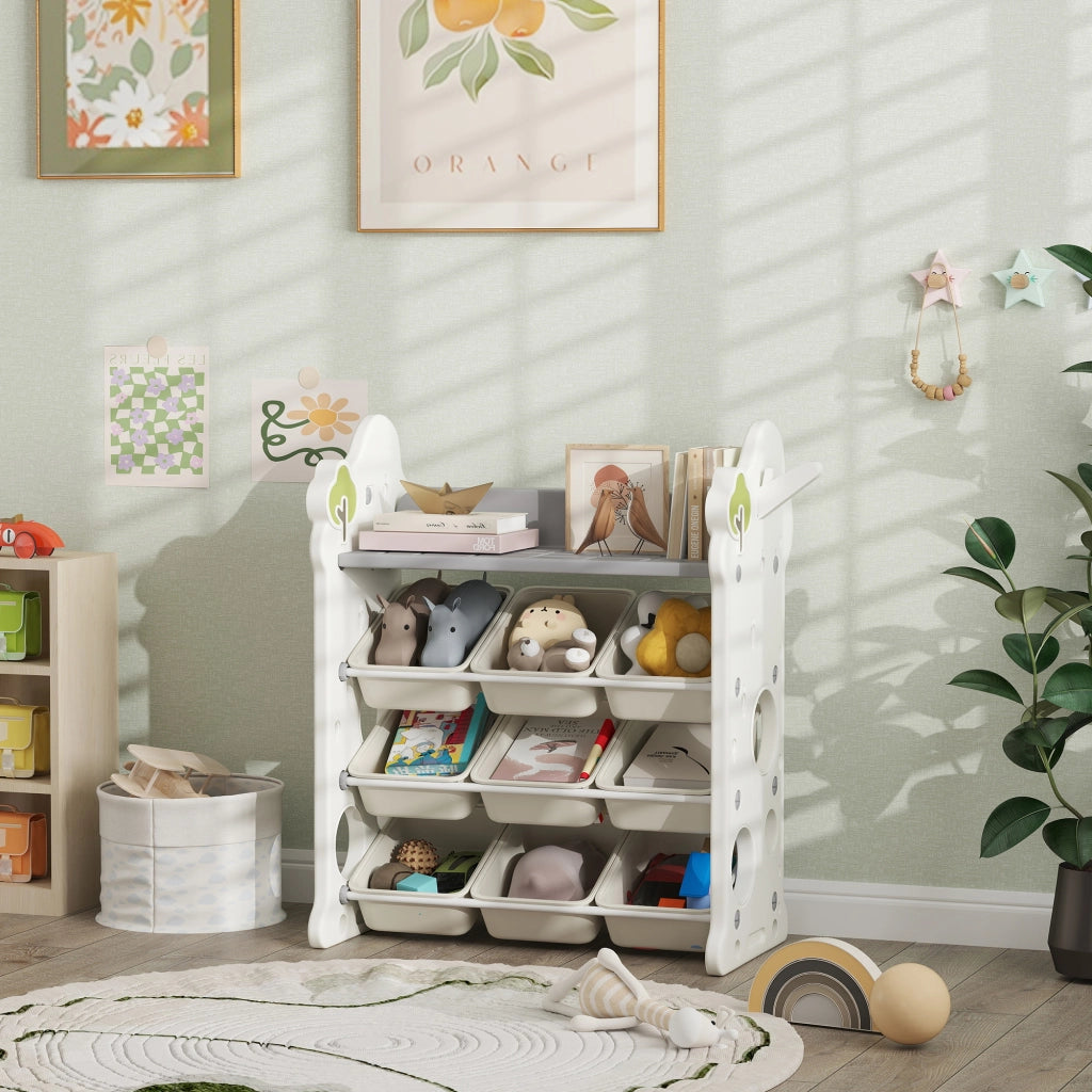 Libreria per Giochi a 4 Livelli con 9 Contenitori ¨C zephmum ¨C Bianco Crema, HDPE, 77x42x94 cm