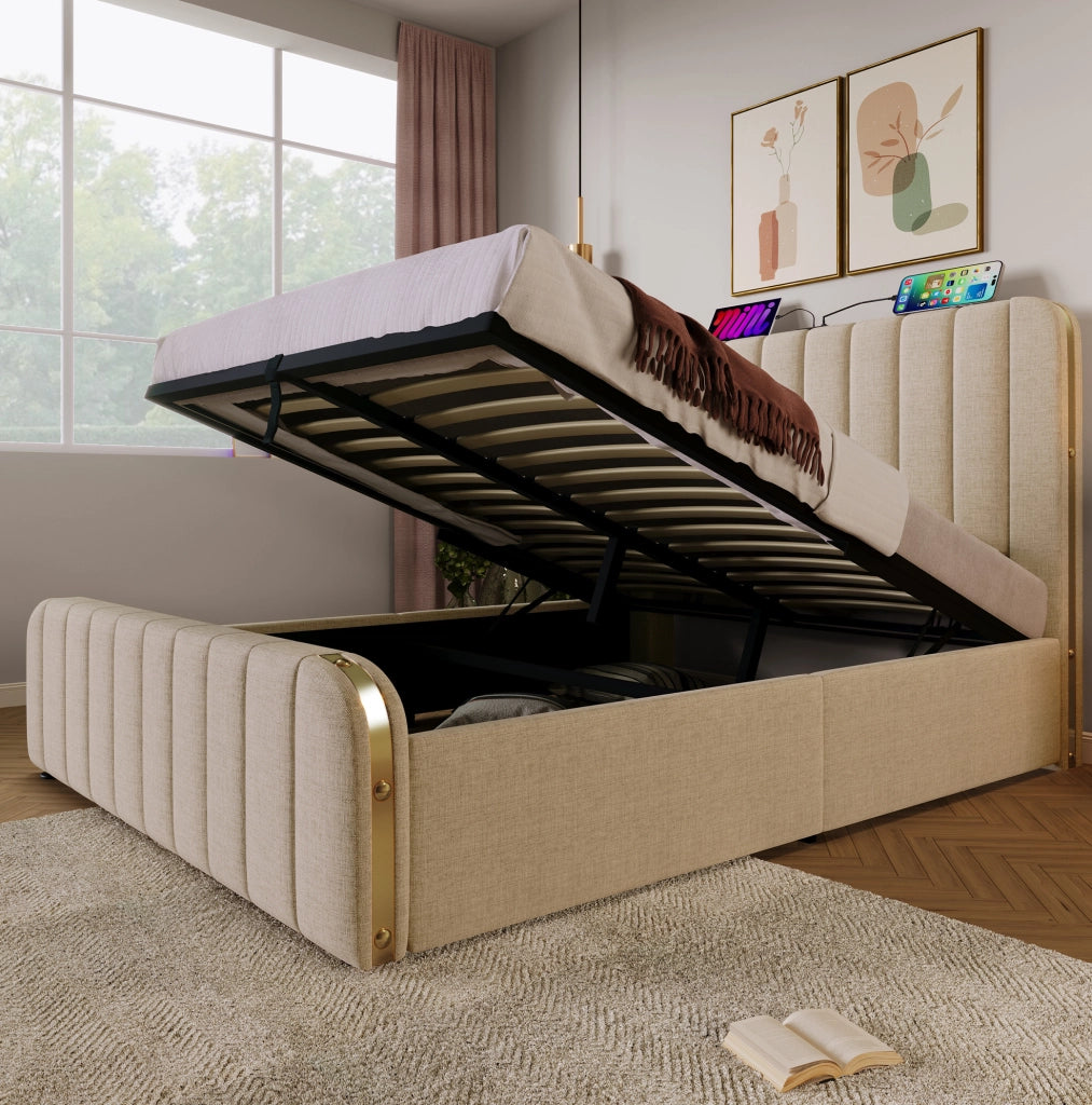 Letto contenitore 140x200 cm in lino beige con USB e Type-C, sollevamento idraulico –