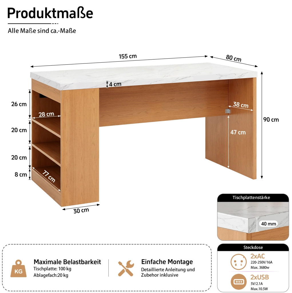 Isola da cucina 155x80x90 cm con LED; prese AC e USB; piano in MDF naturale e bianco