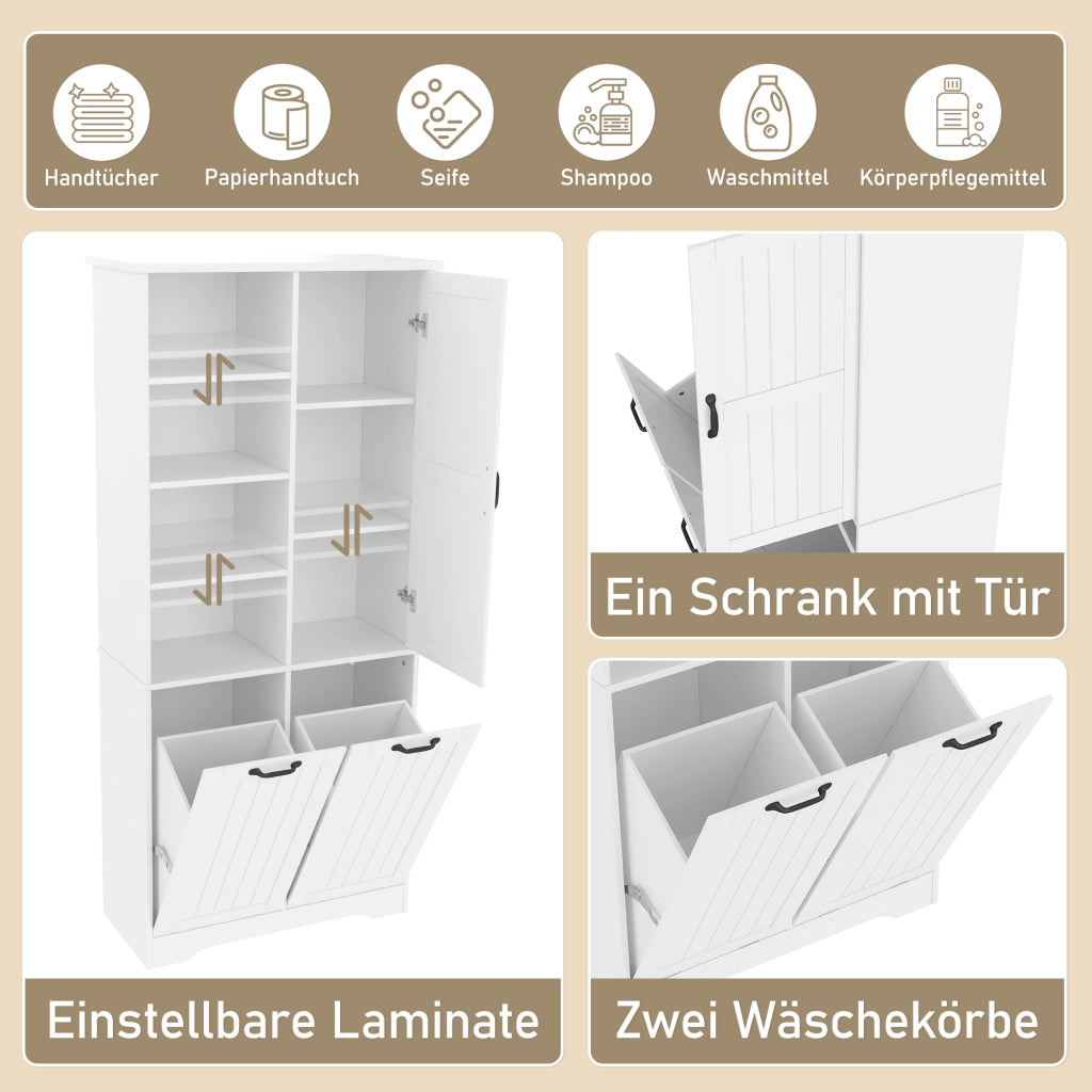 ARMADIO Bagno 78x35x172,7 cm MDF Bianco con 2 Cesti Portabiancheria