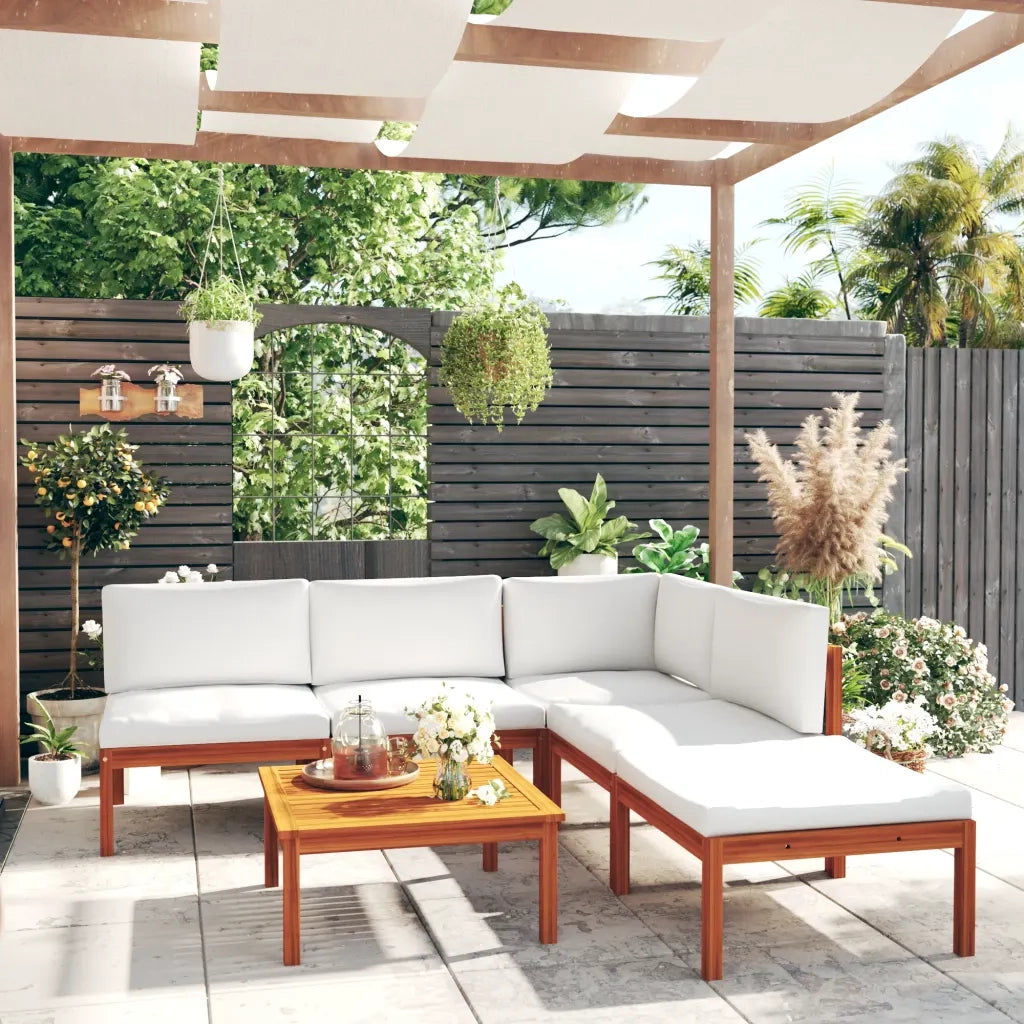 Set da giardino 6 pezzi con cuscini in legno crema, acacia e corda 3057899