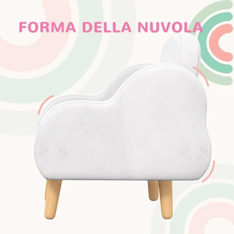 POLTRONA PER BAMBINI IN STILE SCANDINAVO CON BRACCIOLI A NUVOLA IN TESSUTO BIANCO, 46X51X55 CM